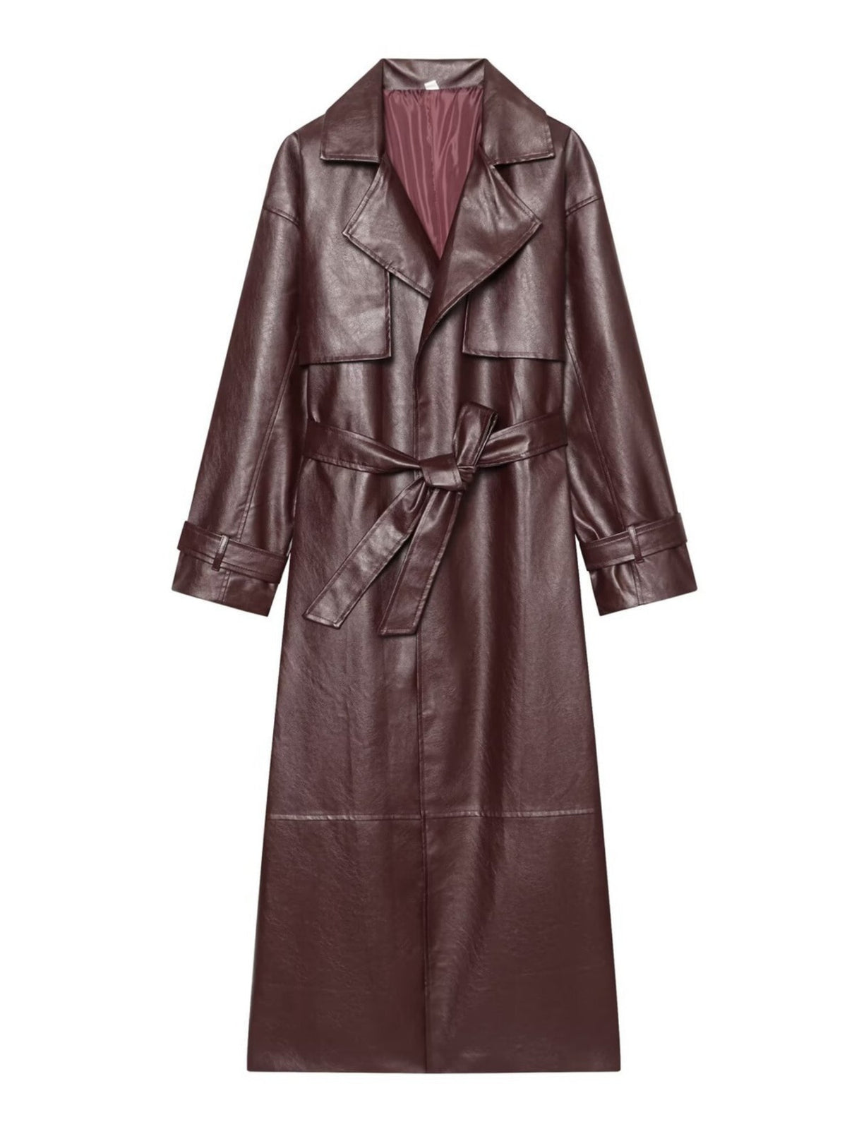 Women's Faux Leather Belted Long Trench Coat