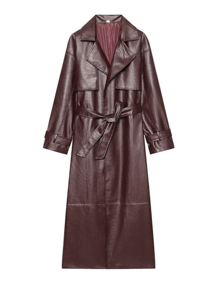 Women's Faux Leather Belted Long Trench Coat