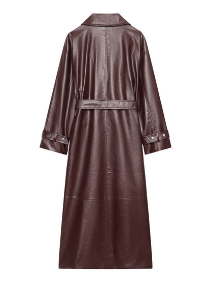 Women's Faux Leather Belted Long Trench Coat
