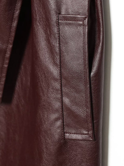 Women's Faux Leather Belted Long Trench Coat