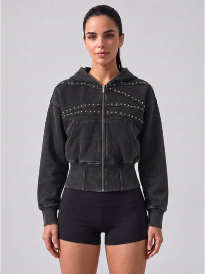 Women's Cropped Washed Black Studded Zip-Up Hoodie