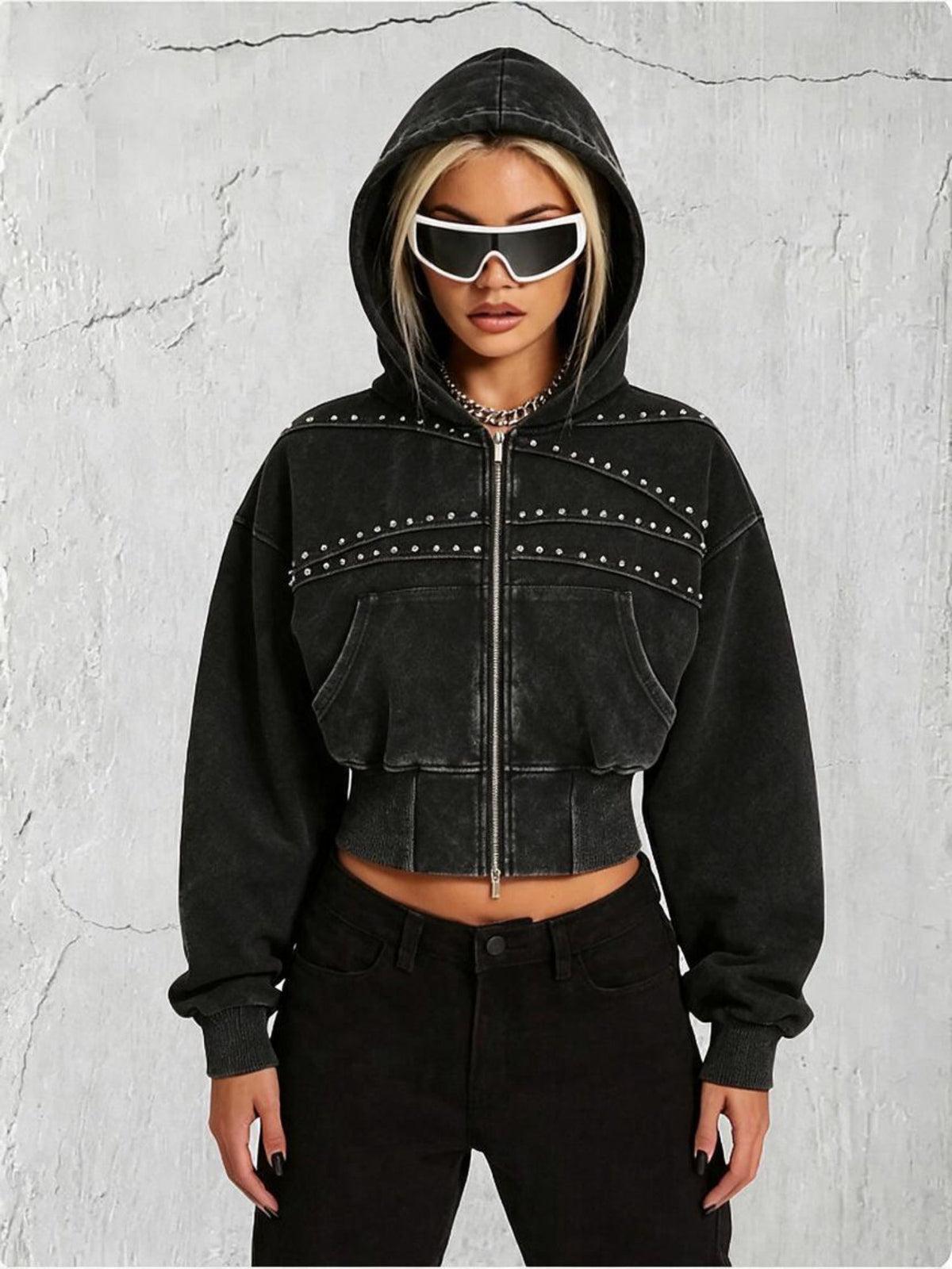 Women's Cropped Washed Black Studded Zip-Up Hoodie