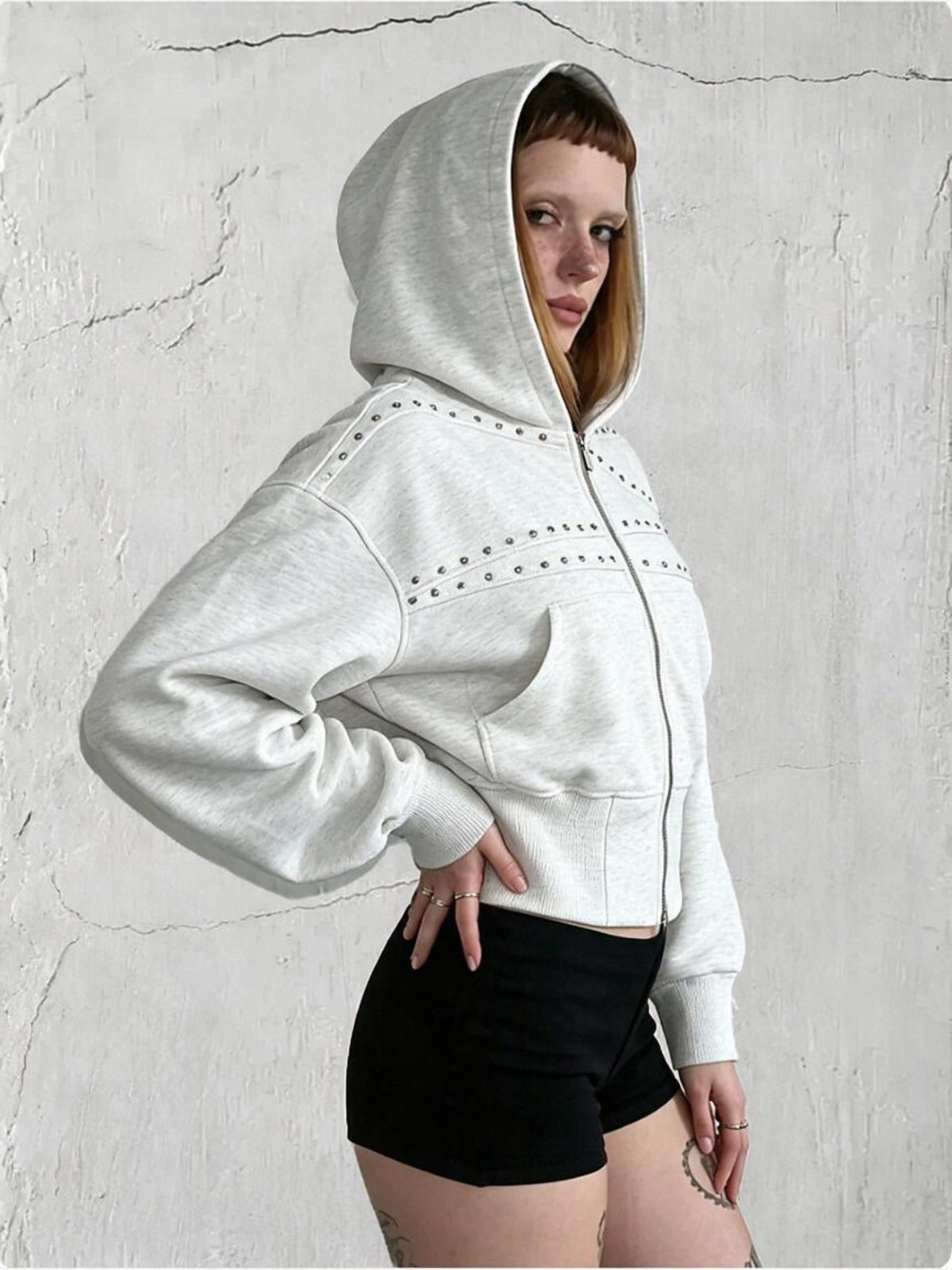 Women's Cropped Washed Black Studded Zip-Up Hoodie