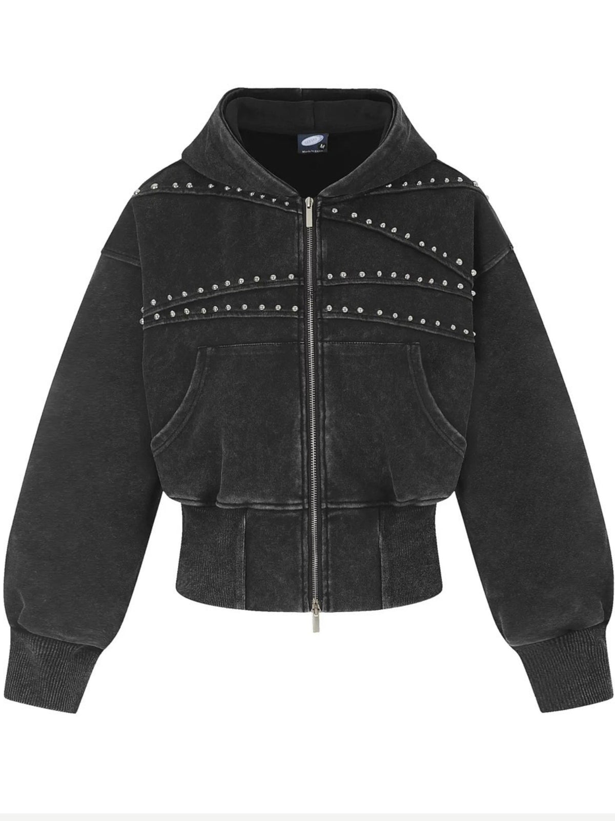 Women's Cropped Washed Black Studded Zip-Up Hoodie