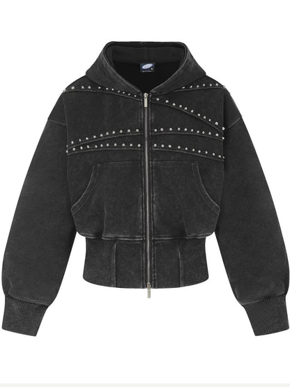 Women's Cropped Washed Black Studded Zip-Up Hoodie