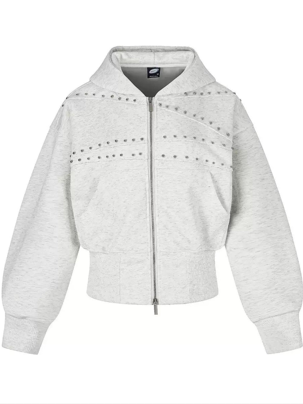 Women's Cropped Washed Black Studded Zip-Up Hoodie