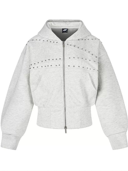 Women's Cropped Washed Black Studded Zip-Up Hoodie
