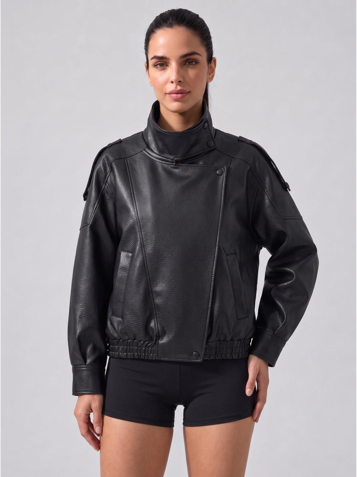 Women's Oversized Faux Leather Bomber Jacket with Asymmetrical Closure