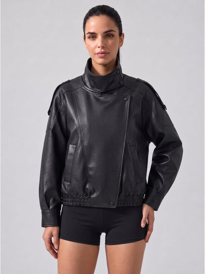 Women's Oversized Faux Leather Bomber Jacket with Asymmetrical Closure