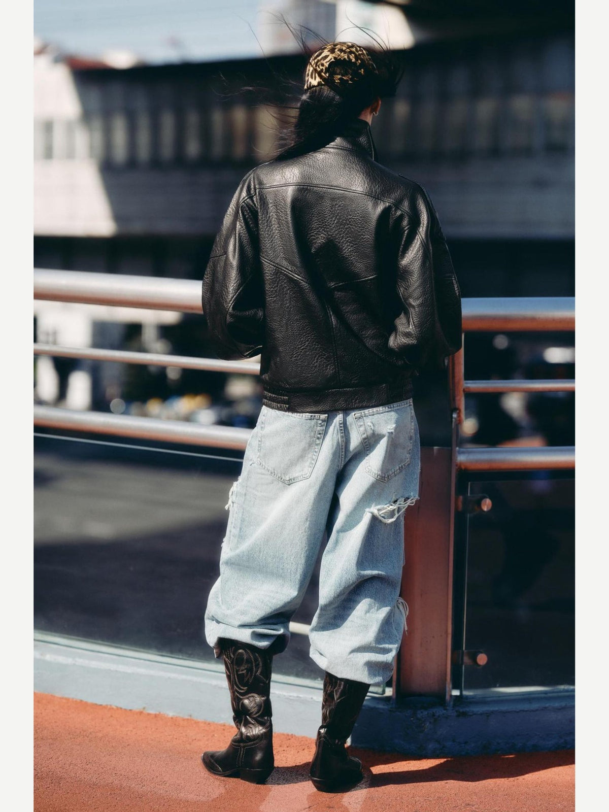 Women's Oversized Faux Leather Bomber Jacket with Asymmetrical Closure