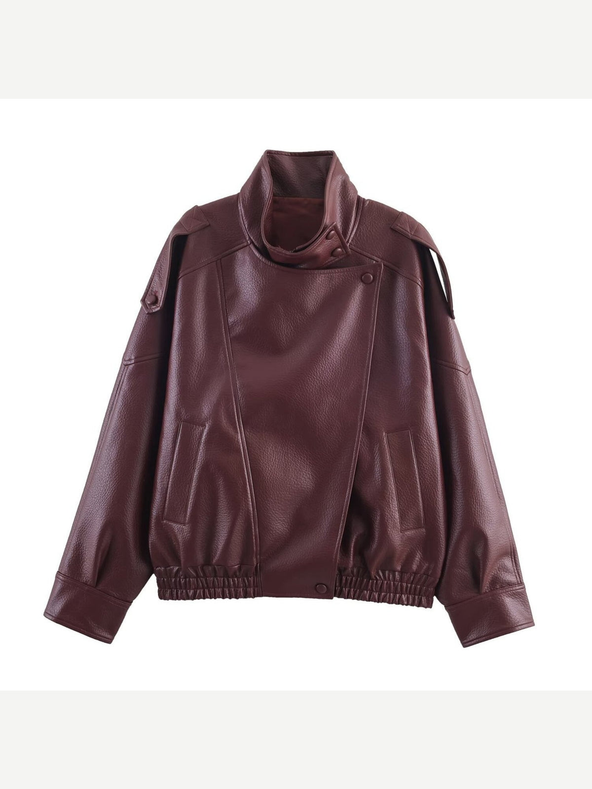 Women's Oversized Faux Leather Bomber Jacket with Asymmetrical Closure