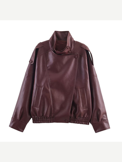 Women's Oversized Faux Leather Bomber Jacket with Asymmetrical Closure