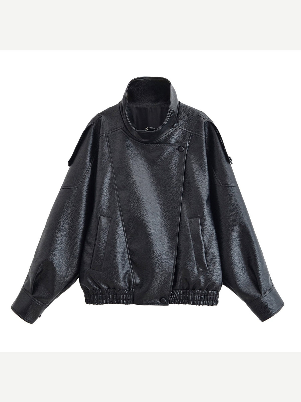Women's Oversized Faux Leather Bomber Jacket with Asymmetrical Closure