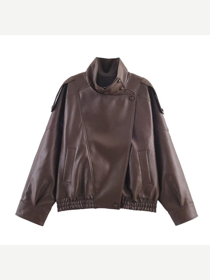 Women's Oversized Faux Leather Bomber Jacket with Asymmetrical Closure