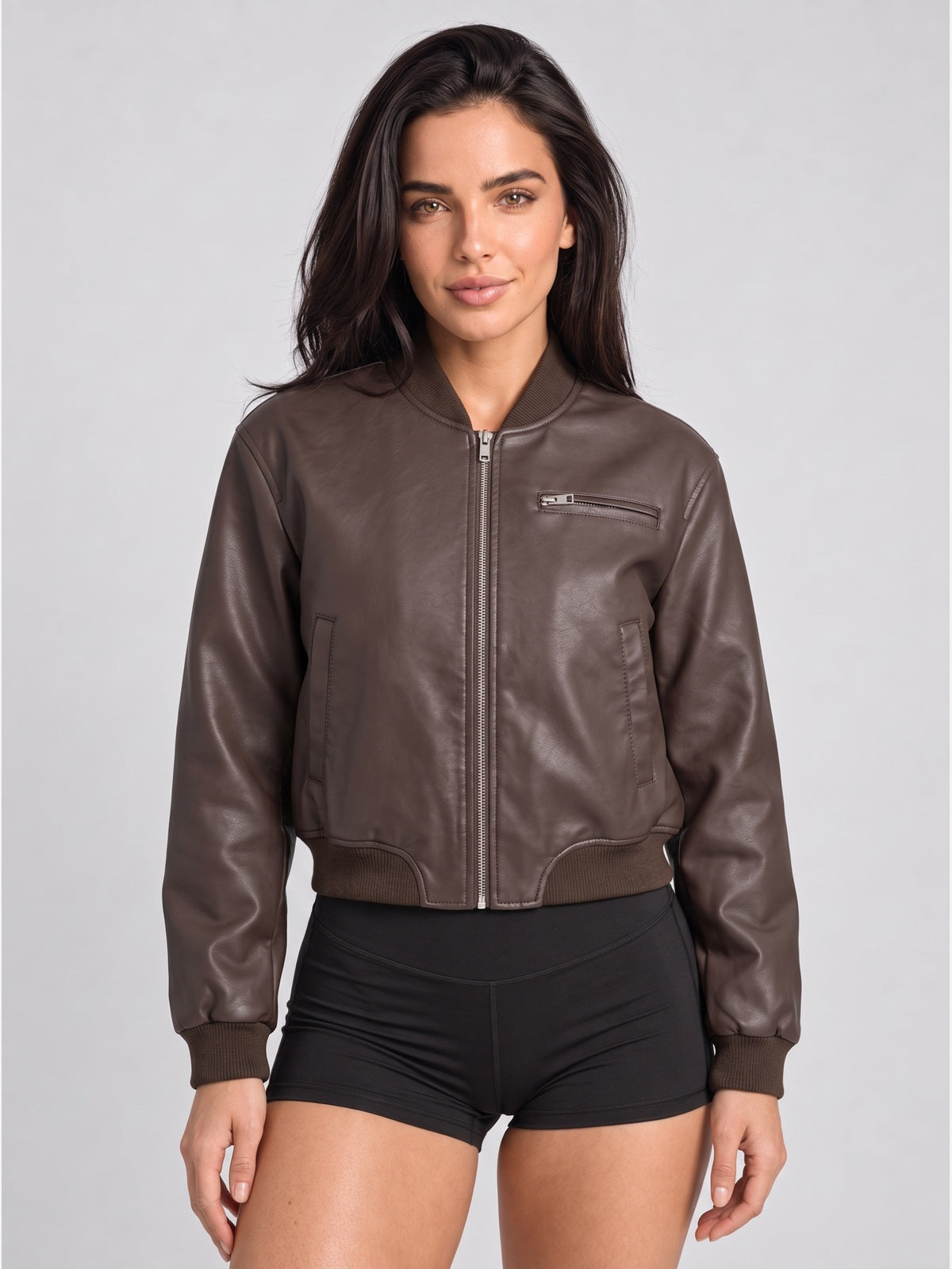 Women's Cropped Faux Leather Bomber Jacket with Zipper Pockets