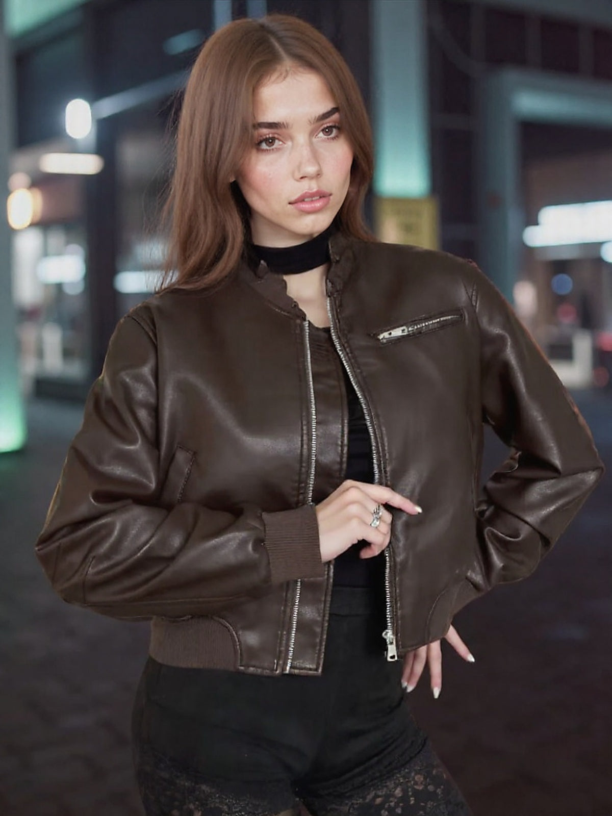 Women's Cropped Faux Leather Bomber Jacket with Zipper Pockets