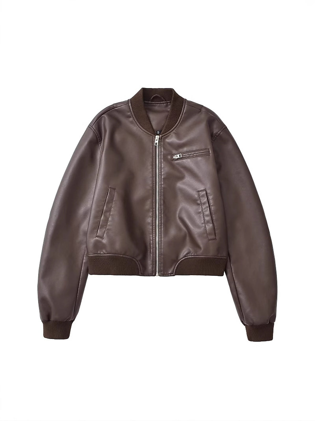 Women's Cropped Faux Leather Bomber Jacket with Zipper Pockets