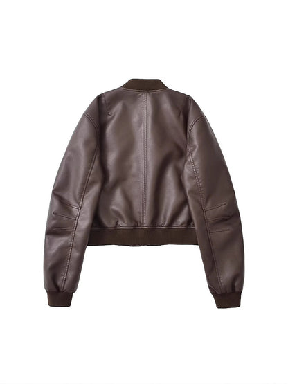 Women's Cropped Faux Leather Bomber Jacket with Zipper Pockets