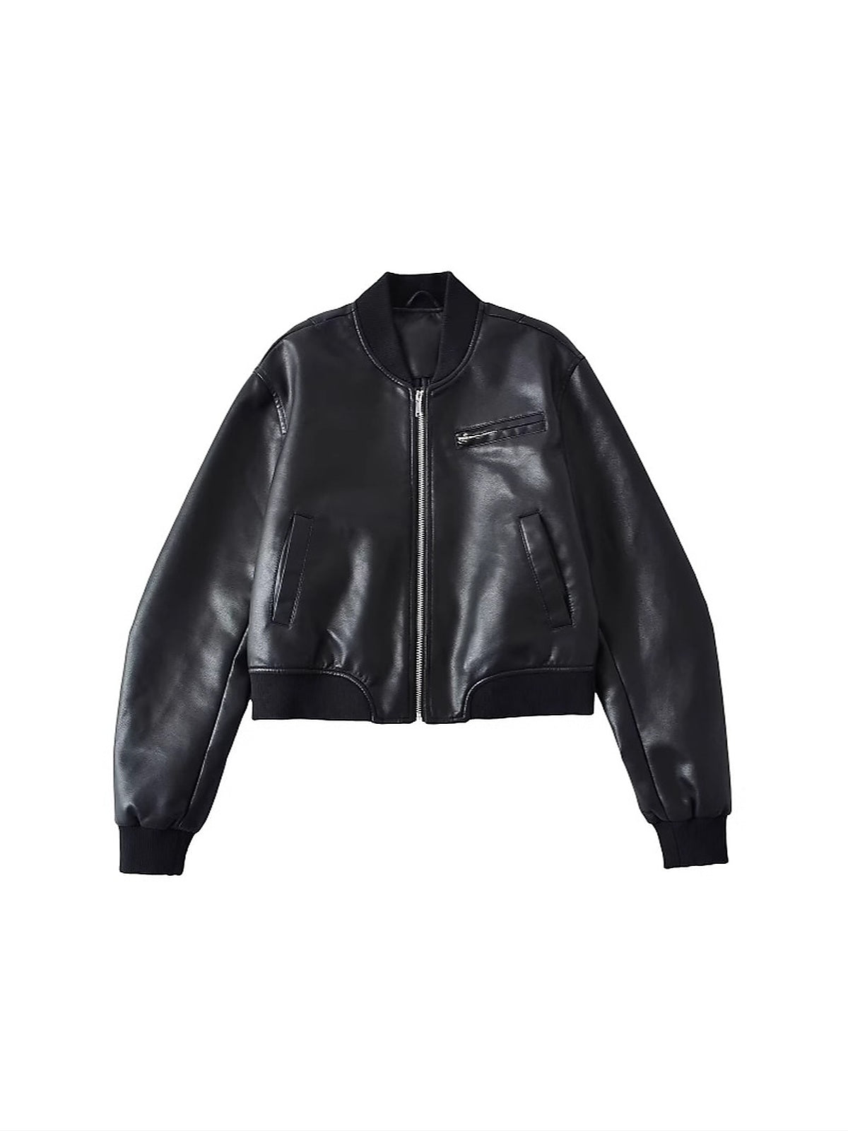 Women's Cropped Faux Leather Bomber Jacket with Zipper Pockets