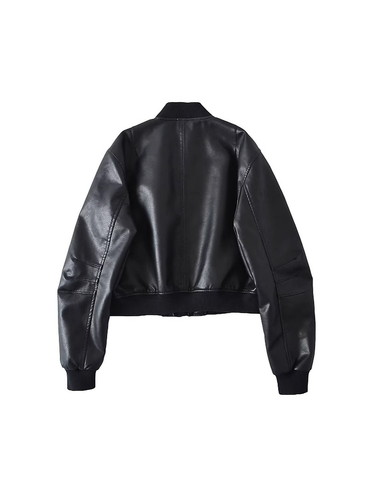 Women's Cropped Faux Leather Bomber Jacket with Zipper Pockets