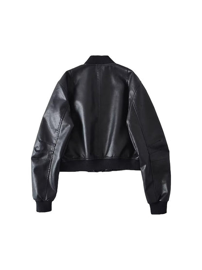 Women's Cropped Faux Leather Bomber Jacket with Zipper Pockets