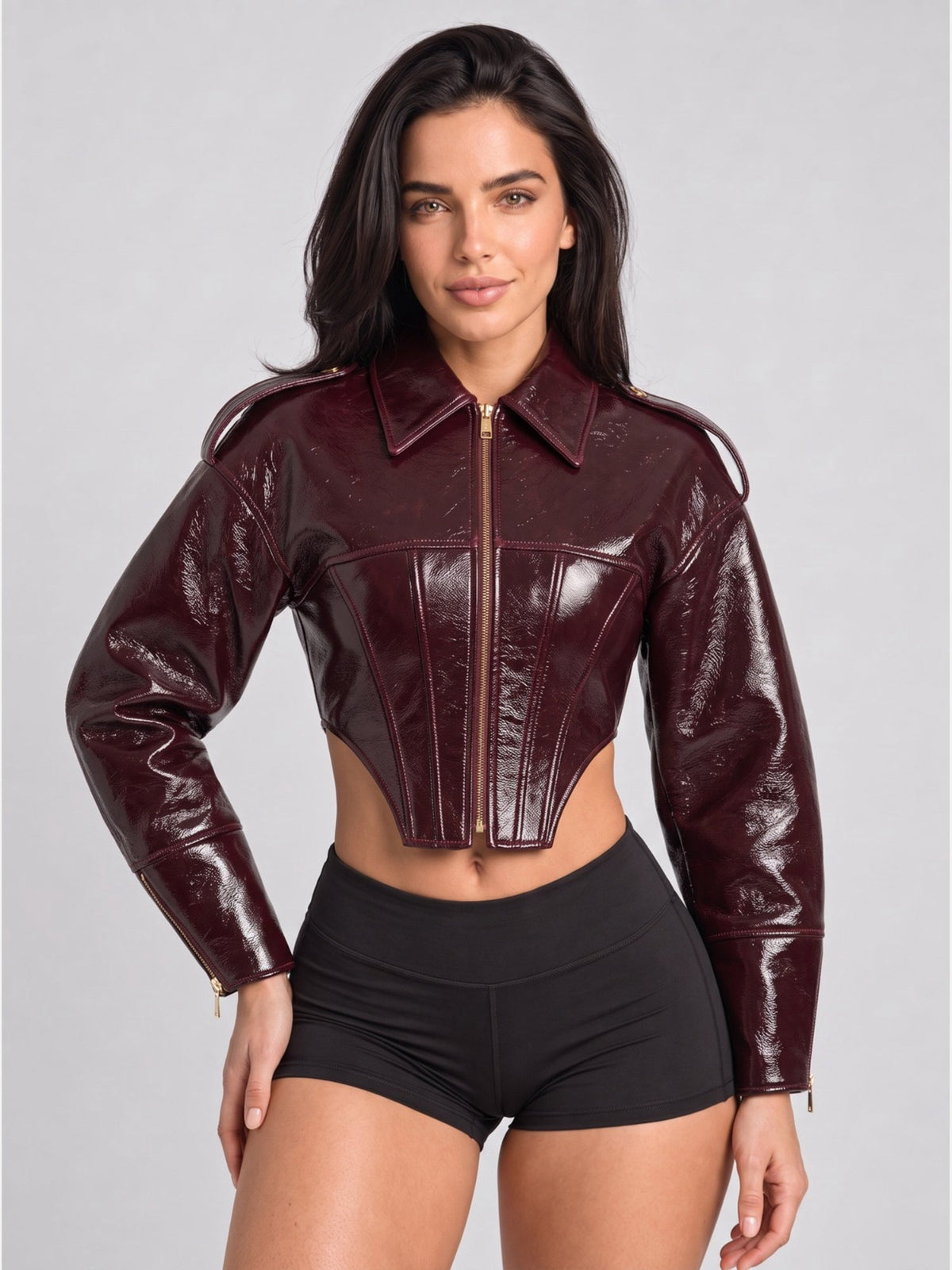 Liquid Leather Cropped Moto Jacket with Zipper Detail