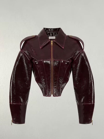 Liquid Leather Cropped Moto Jacket with Zipper Detail