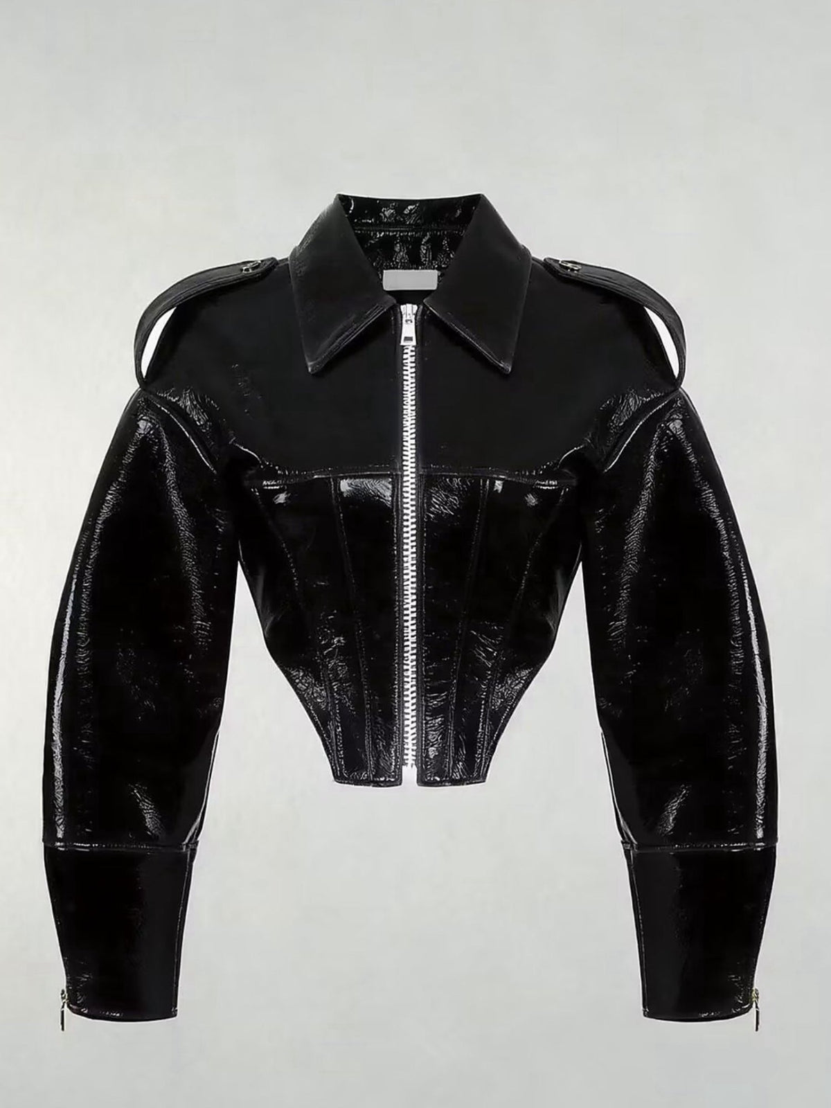 Liquid Leather Cropped Moto Jacket with Zipper Detail