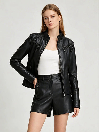 Women's Faux Leather Motorcycle Jacket with Zipper Pockets