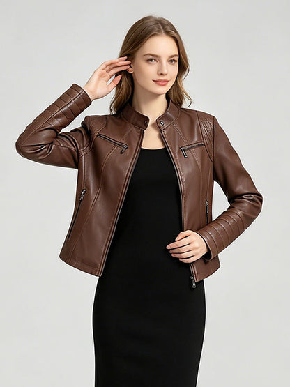Women's Faux Leather Motorcycle Jacket with Zipper Pockets