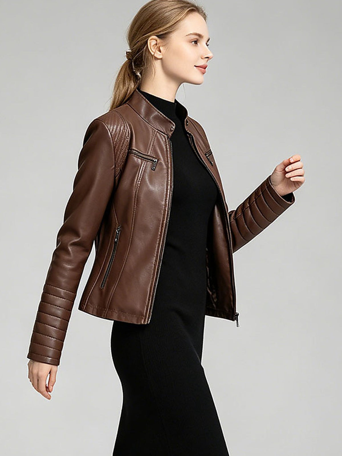 Women's Faux Leather Motorcycle Jacket with Zipper Pockets