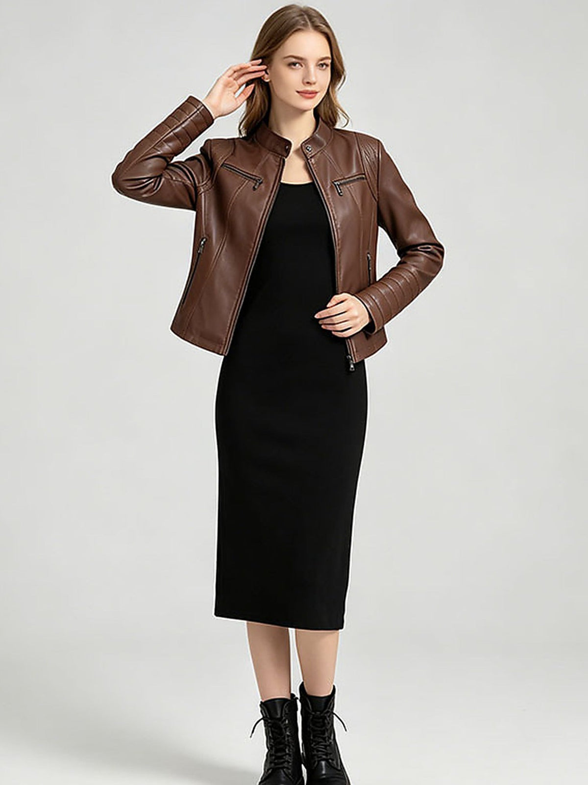 Women's Faux Leather Motorcycle Jacket with Zipper Pockets