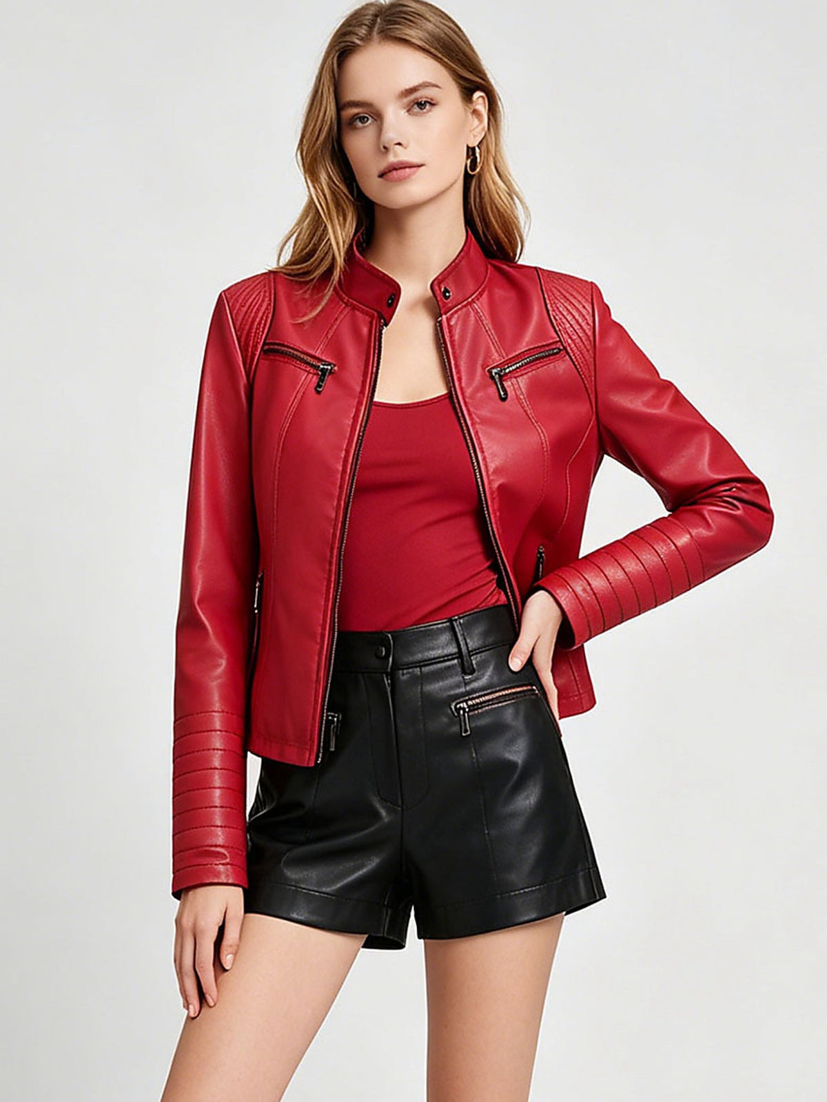 Women's Faux Leather Motorcycle Jacket with Zipper Pockets