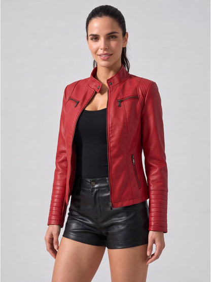 Women's Faux Leather Motorcycle Jacket with Zipper Pockets