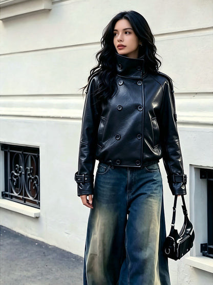 Women's Double-Breasted Faux Leather Cropped Jacket