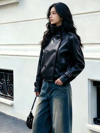 Women's Double-Breasted Faux Leather Cropped Jacket