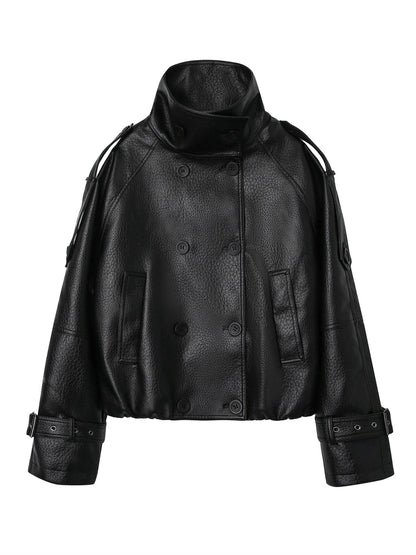 Women's Double-Breasted Faux Leather Cropped Jacket