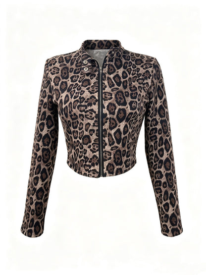 Women's Leopard Print Cropped Stand Collar Jacket