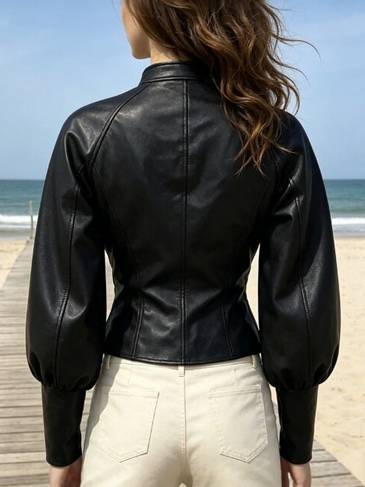 Women's Black Faux Leather Cropped Puff Sleeve Stand Collar Jacket