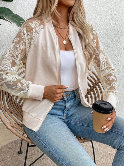 Black Lace Sleeve Bomber Jacket