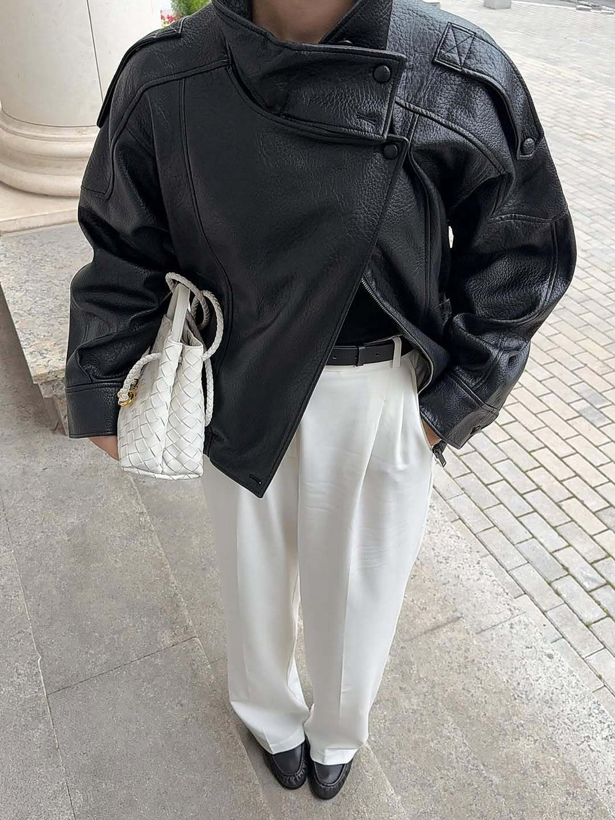 Women's Faux Leather Asymmetric Zip Cropped Jacket