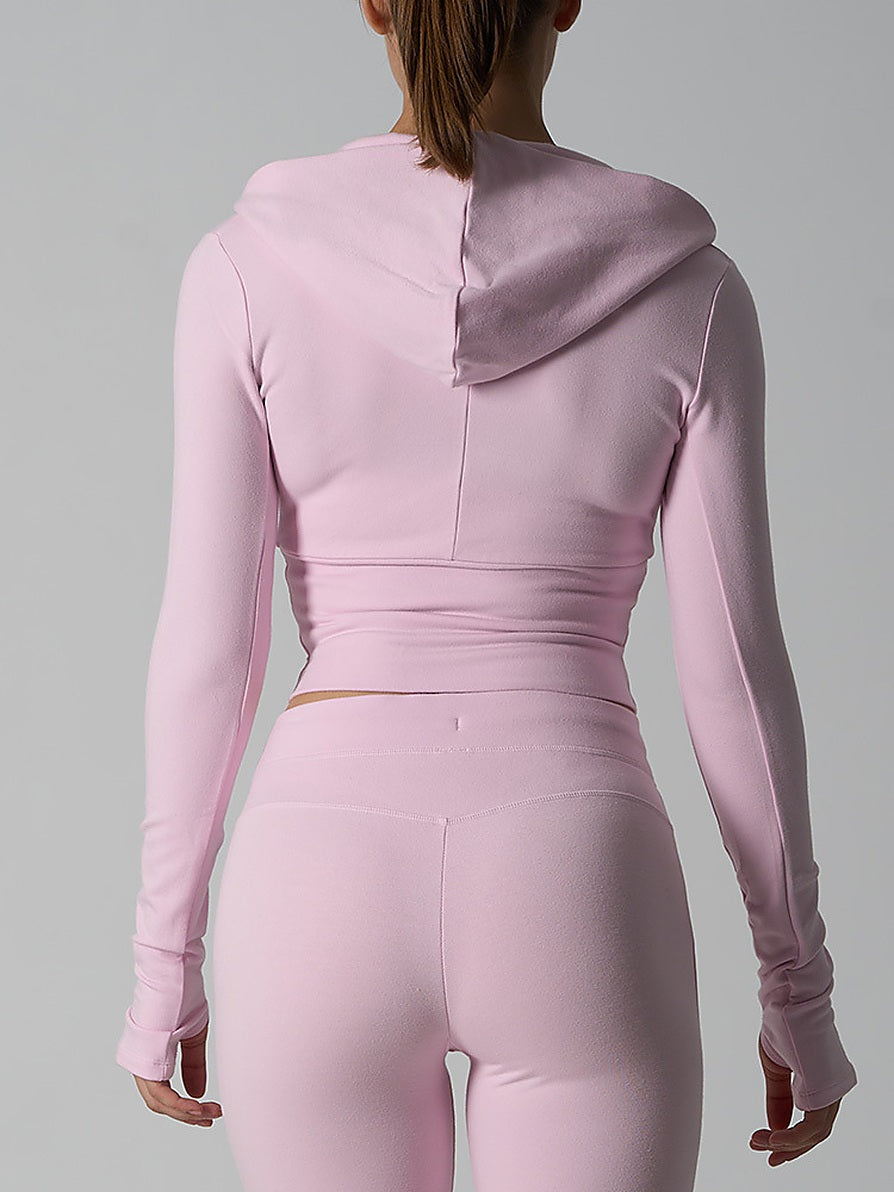 Fitted Zip-Up Hooded Crop Top with Thumbhole Cuffs