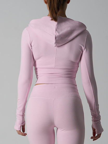 Fitted Zip-Up Hooded Crop Top with Thumbhole Cuffs