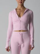 Fitted Zip-Up Hooded Crop Top with Thumbhole Cuffs