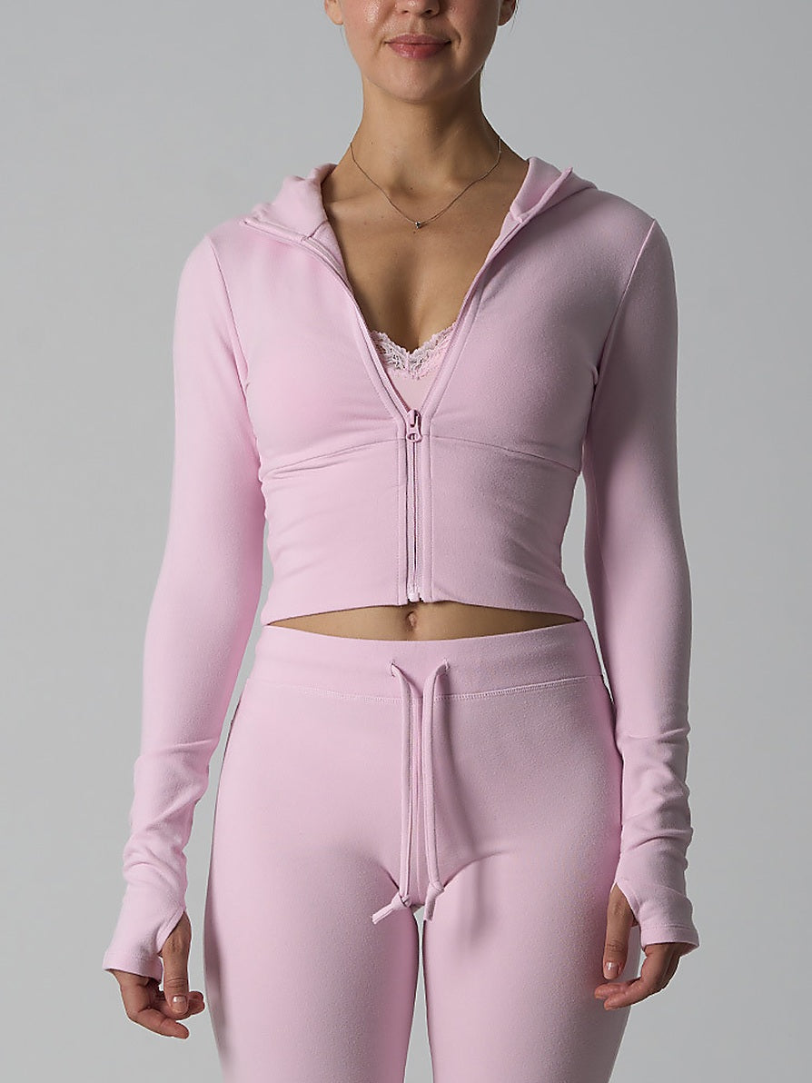 Fitted Zip-Up Hooded Crop Top with Thumbhole Cuffs