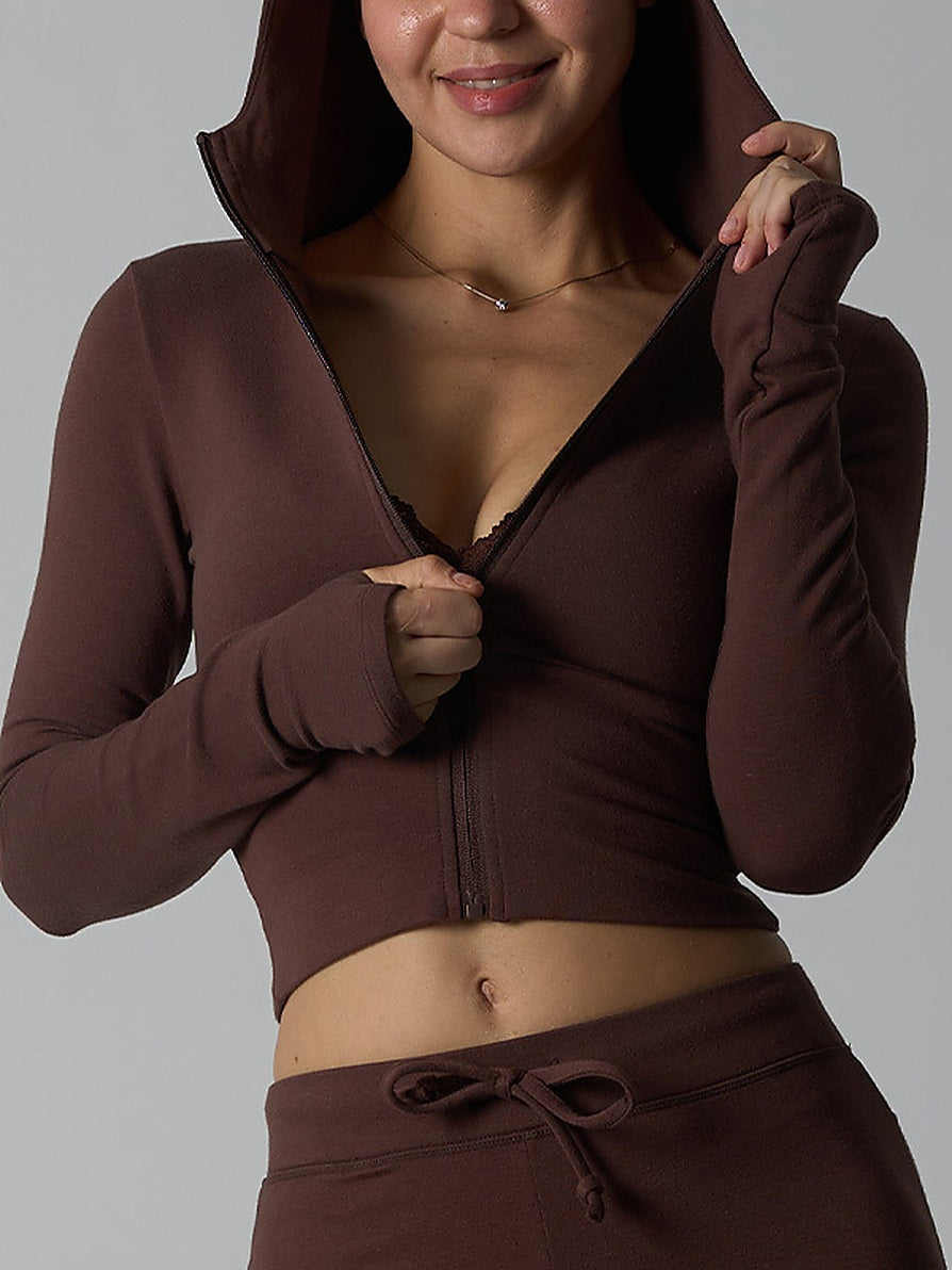 Fitted Zip-Up Hooded Crop Top with Thumbhole Cuffs