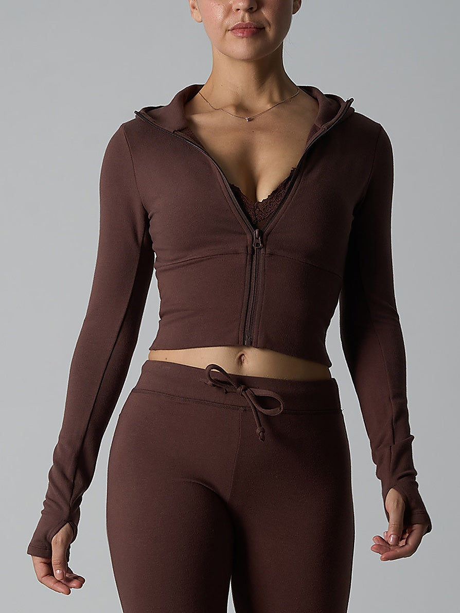 Fitted Zip-Up Hooded Crop Top with Thumbhole Cuffs