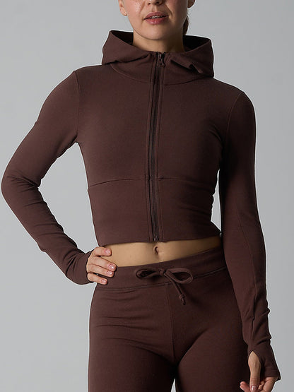 Fitted Zip-Up Hooded Crop Top with Thumbhole Cuffs