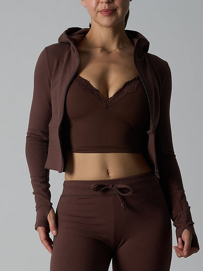Fitted Zip-Up Hooded Crop Top with Thumbhole Cuffs