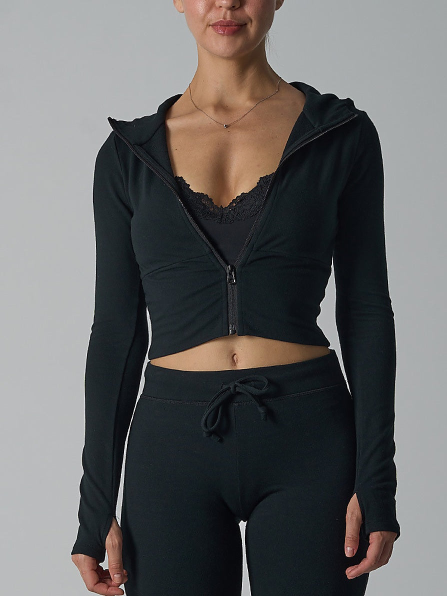 Fitted Zip-Up Hooded Crop Top with Thumbhole Cuffs